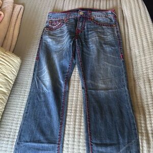 True Religion Men's Blue Bootcut Jeans with Red Stitching